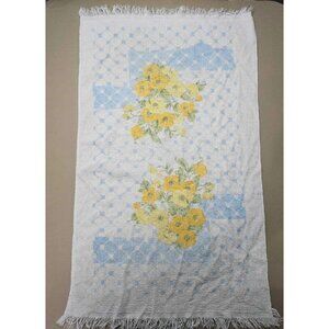 Vintage Cannon Bath Towel Yellow And Blue Flower Floral Pattern W/ Fringe